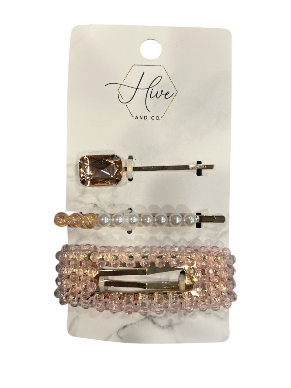 Hive and Co. Hair Accessories Barrettes 3 Piece Set for Women & Girls Pink Gold
