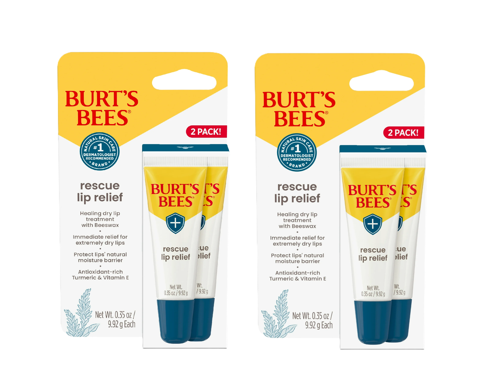 2- Burts Bees Rescue Lip Relief Dry Lips Treatment Natural Moisturizer, 2ct each