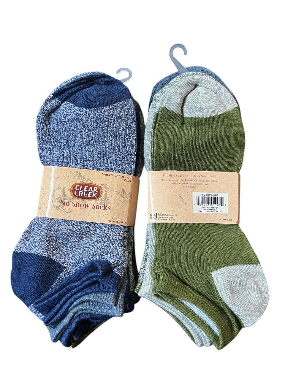 2 Pack Clear Creek No Show Socks, 6-Pairs, Men's Shoe Size 6-12, Blue/Grey/Green