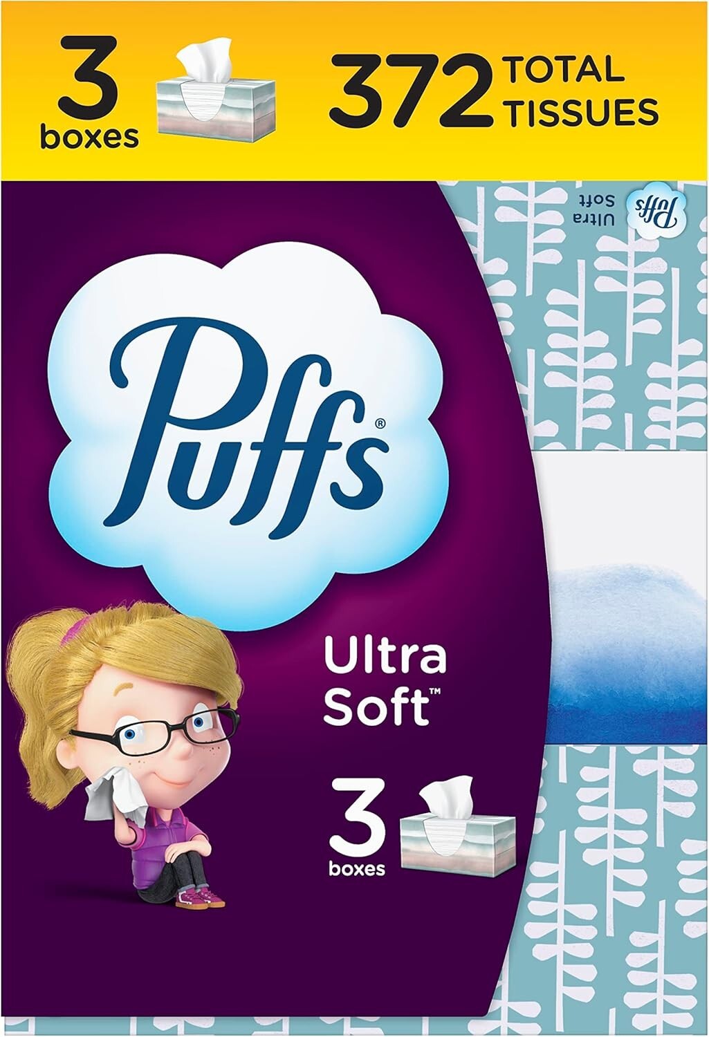 Puffs Ultra Soft Non-Lotion Facial Tissues 3 Family Boxes (372 Total Tissues)