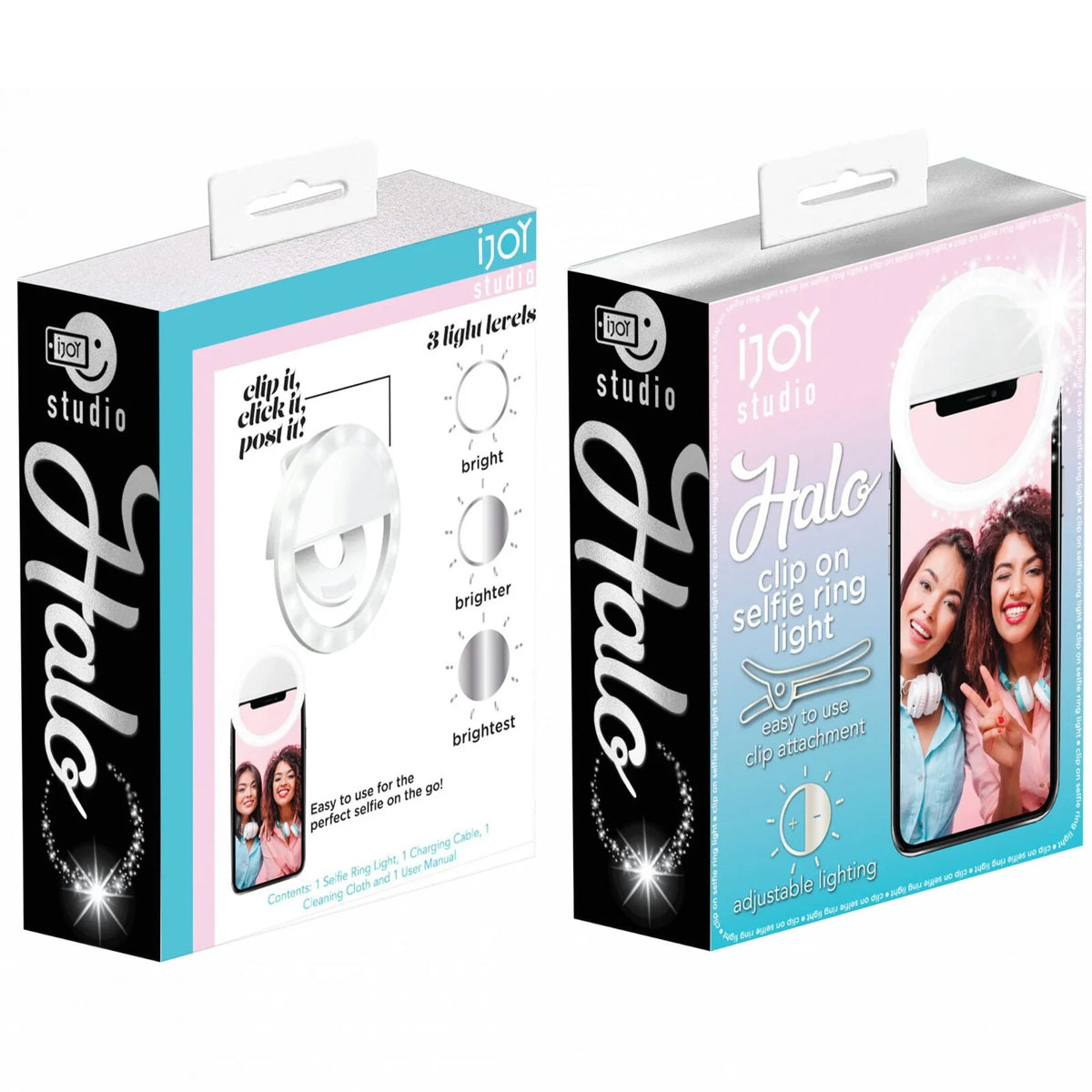 iJoy HALO Clip On Selfie Ring Light - Adjustable Lighting, w/ Charging Cable NEW