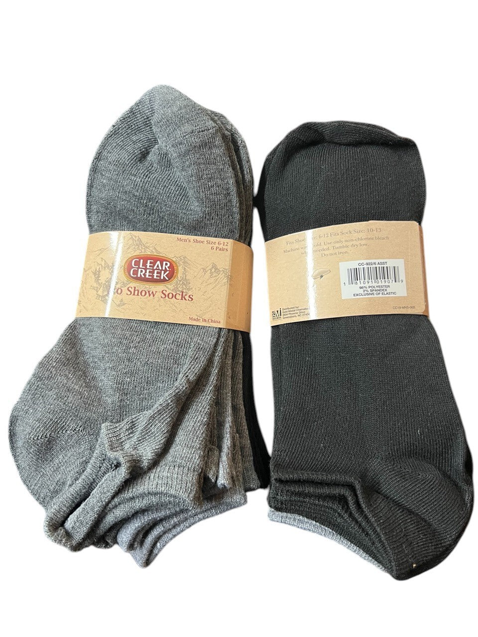 Pack of 2 - Clear Creek 6 Pairs No Show Socks Mens Shoe Size 6-12 Black/Gray