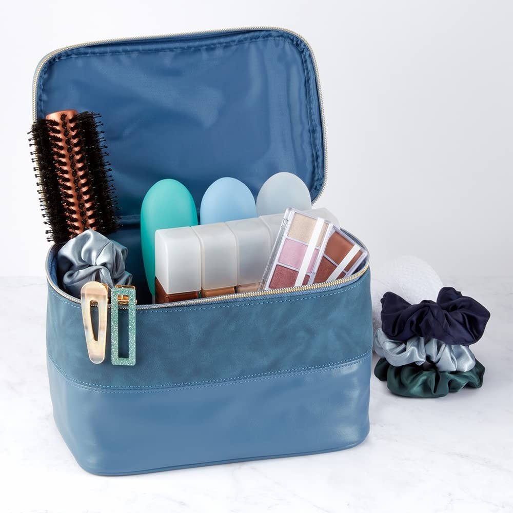 Scunci Travel Makeup Bag, Large Toiletry and Cosmetic Bag, Blue Suede-Like