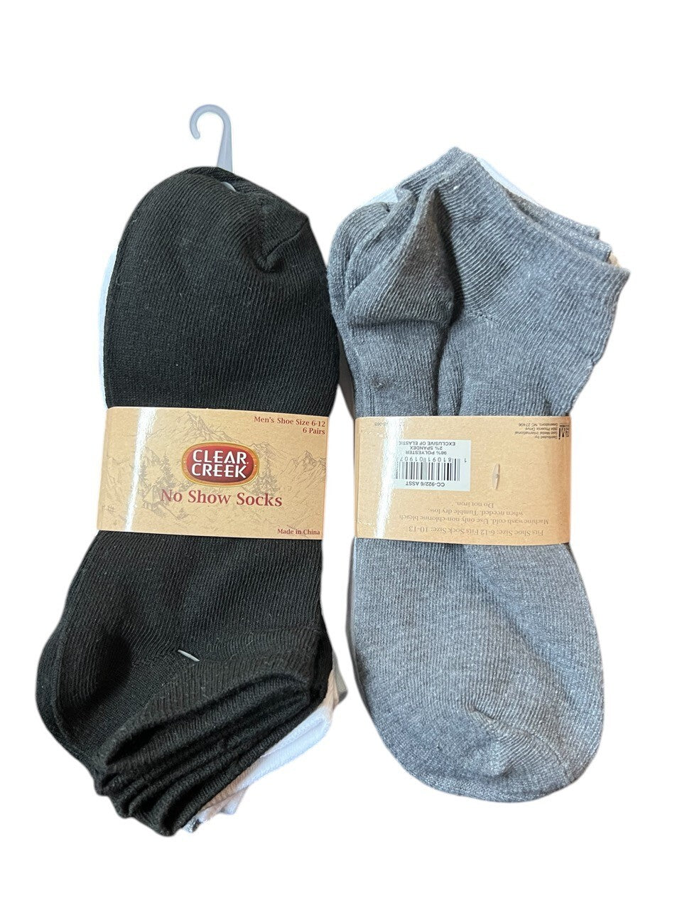 2 Pack Clear Creek No Show Socks, 6-Pairs Men's Shoe Size 6-12, Black/Grey/White