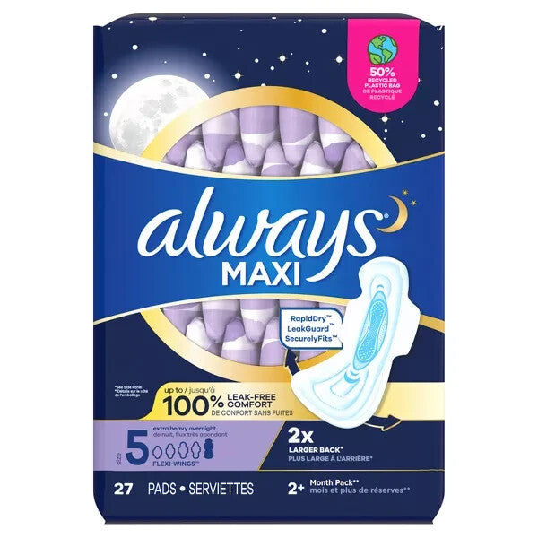 ALWAYS Maxi Size 5 Extra Heavy Overnight Pads Felx-Wings 27 Ct. *NEW*