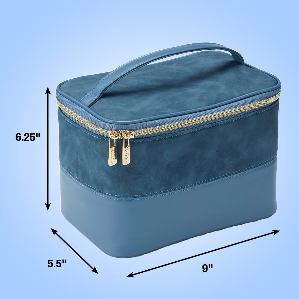 Scunci Travel Makeup Bag, Large Toiletry and Cosmetic Bag, Blue Suede-Like