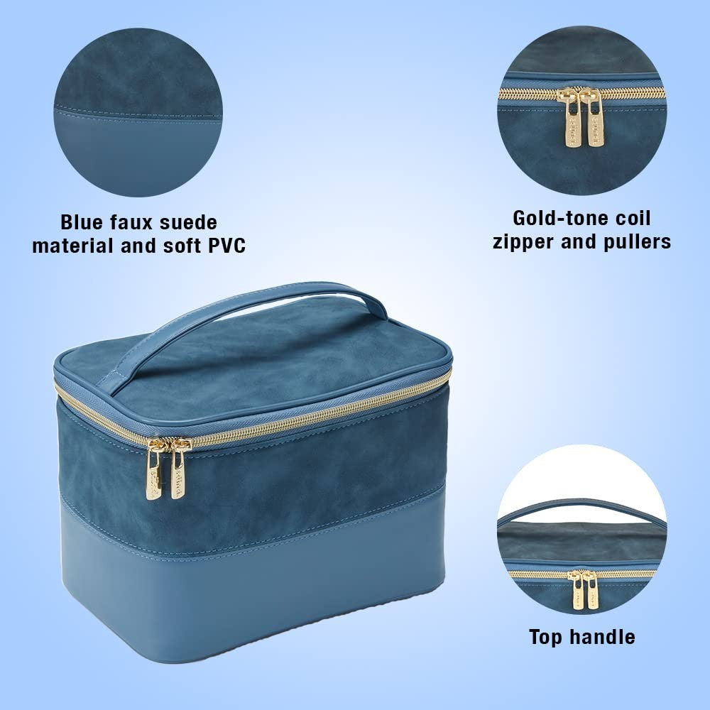 Scunci Travel Makeup Bag, Large Toiletry and Cosmetic Bag, Blue Suede-Like