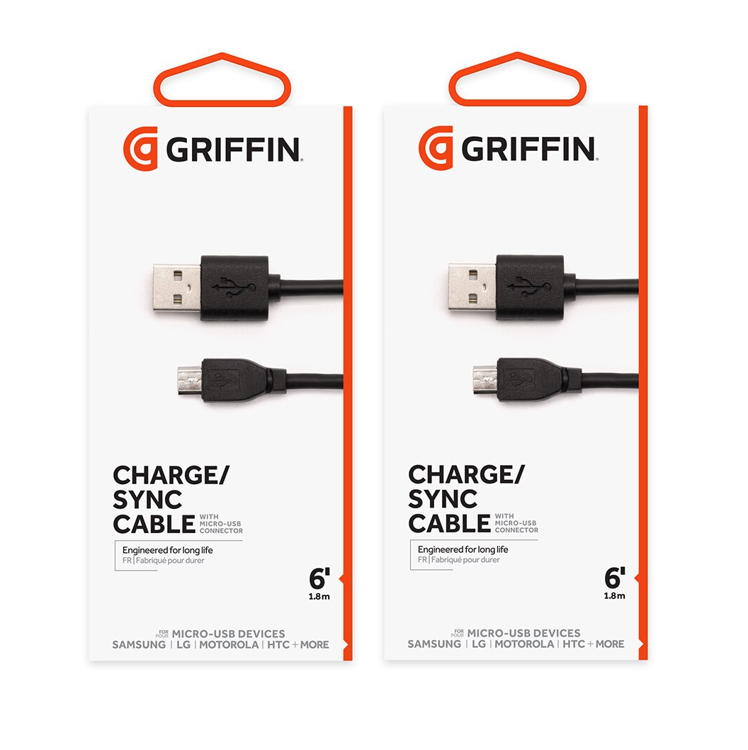 (2 Pack) Griffin Charge & Sync Cable for Micro-USB Devices - Samsung, LG, Moto