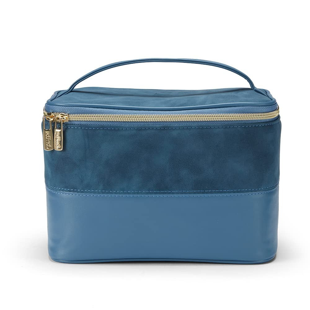Scunci Travel Makeup Bag, Large Toiletry and Cosmetic Bag, Blue Suede-Like