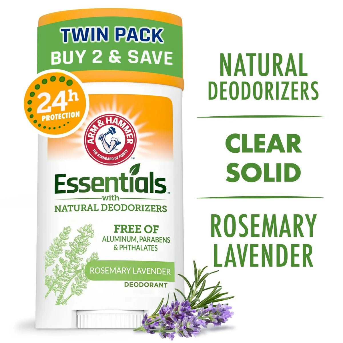 ARM & HAMMER Essentials Deodorant, Fresh Rosemary Lavender, 2.5 oz, Twin Pack