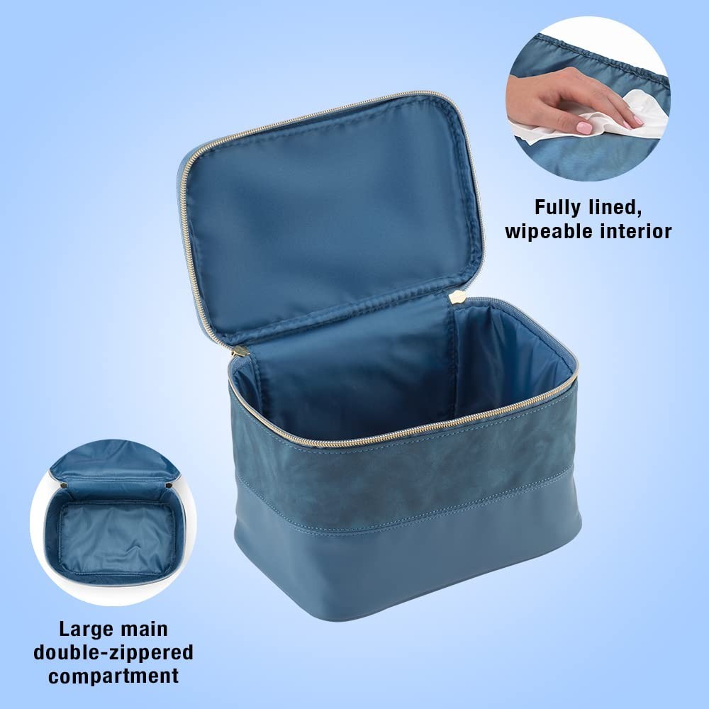 Scunci Travel Makeup Bag, Large Toiletry and Cosmetic Bag, Blue Suede-Like